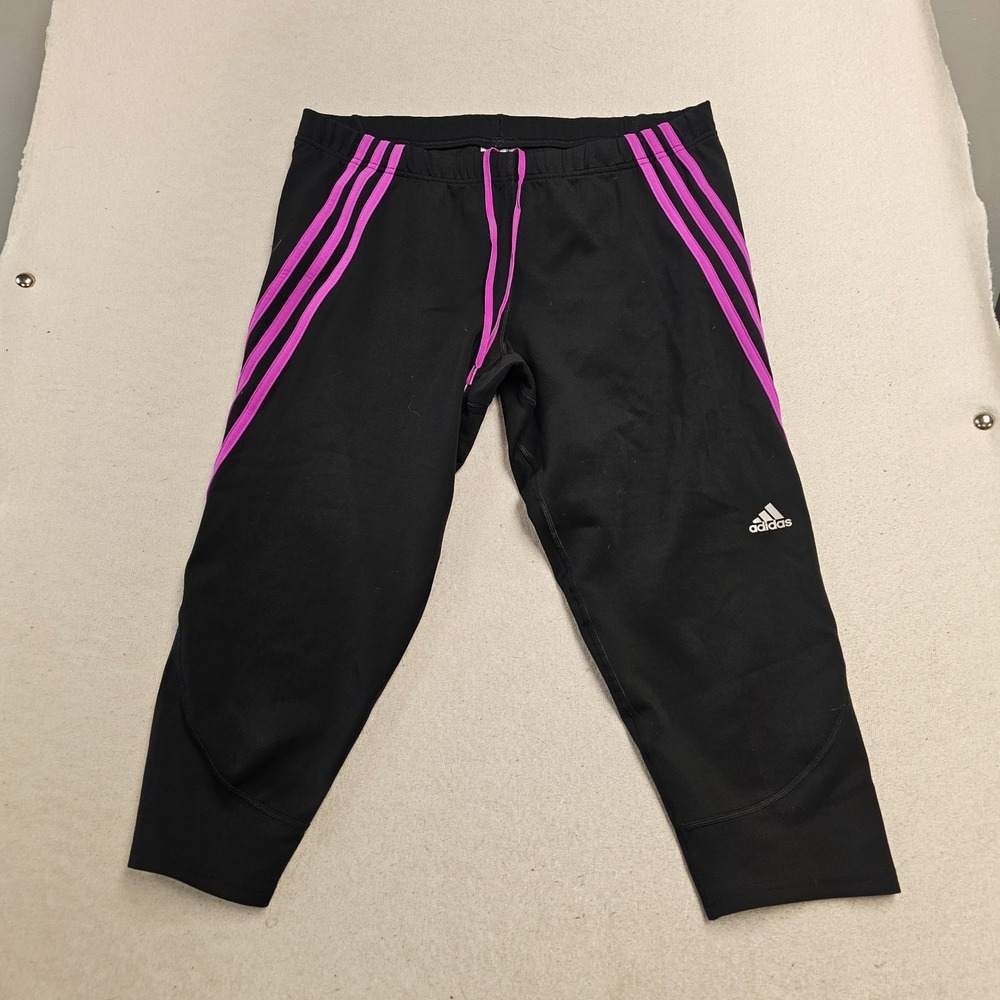 Adidas Womens Black Purple 3 Stripe Capri Leggings XL Athletic Yoga Pants 6473